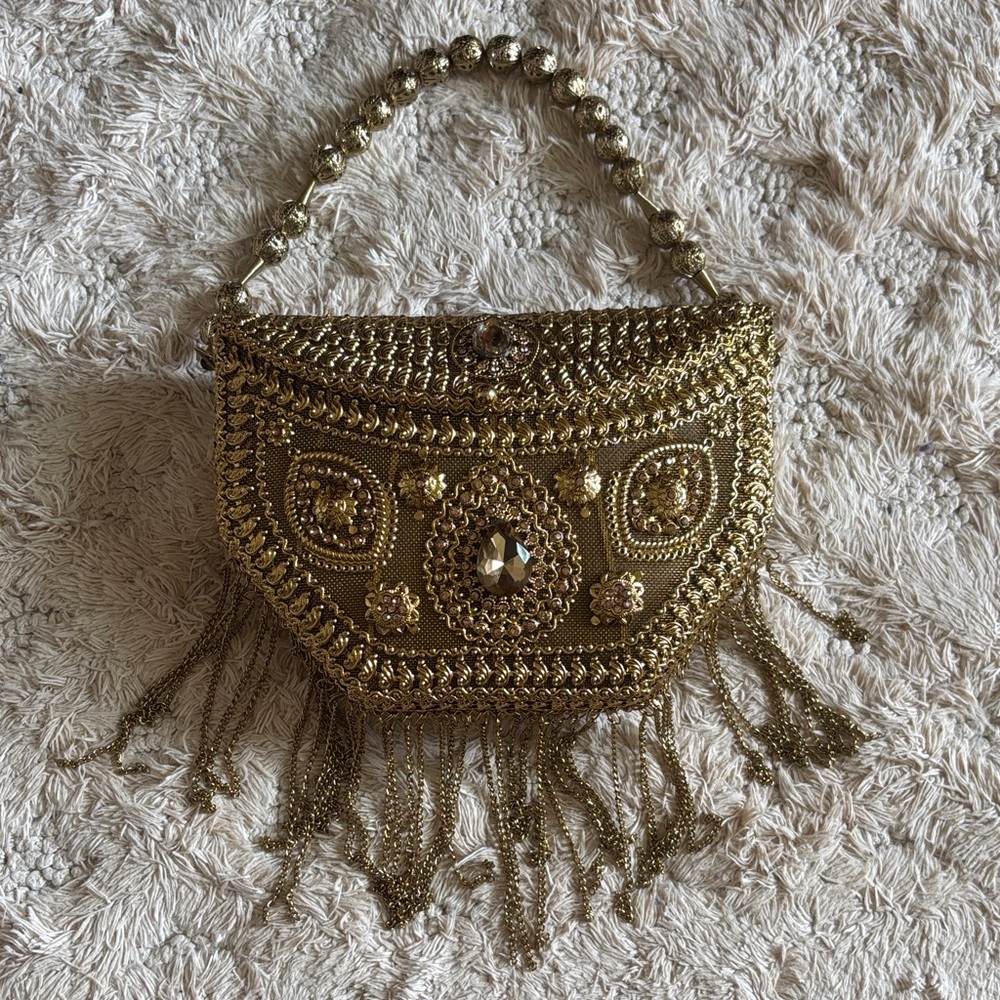 Gold Beaded Clutch with Fringe Detailing